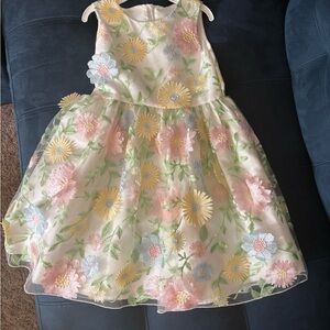 Girls Floral Embroidered Party Dress - Pastel Pink, Yellow, Blue